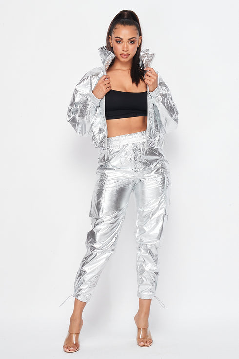 Metallic Pullover Tracksuit Pants Set - Silver - SohoGirl.com